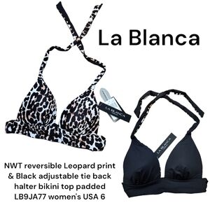 La Blanca Women's reversible Leopard Black adjust tie halter padded bikini top 6